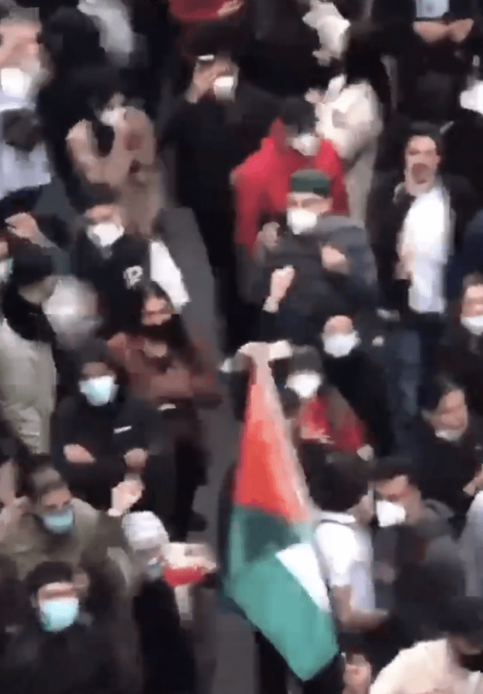 Synagogue in Germany, Turkish, Algerian and Palestinian Muslims holding their respective flags chant abuses against the Jewish community